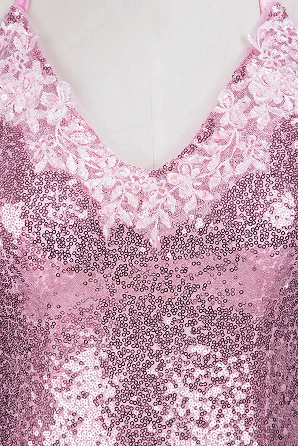 Long Mermaid V-neck Spaghetti Straps Pink Sequined Backless Prom Dress - Image 6