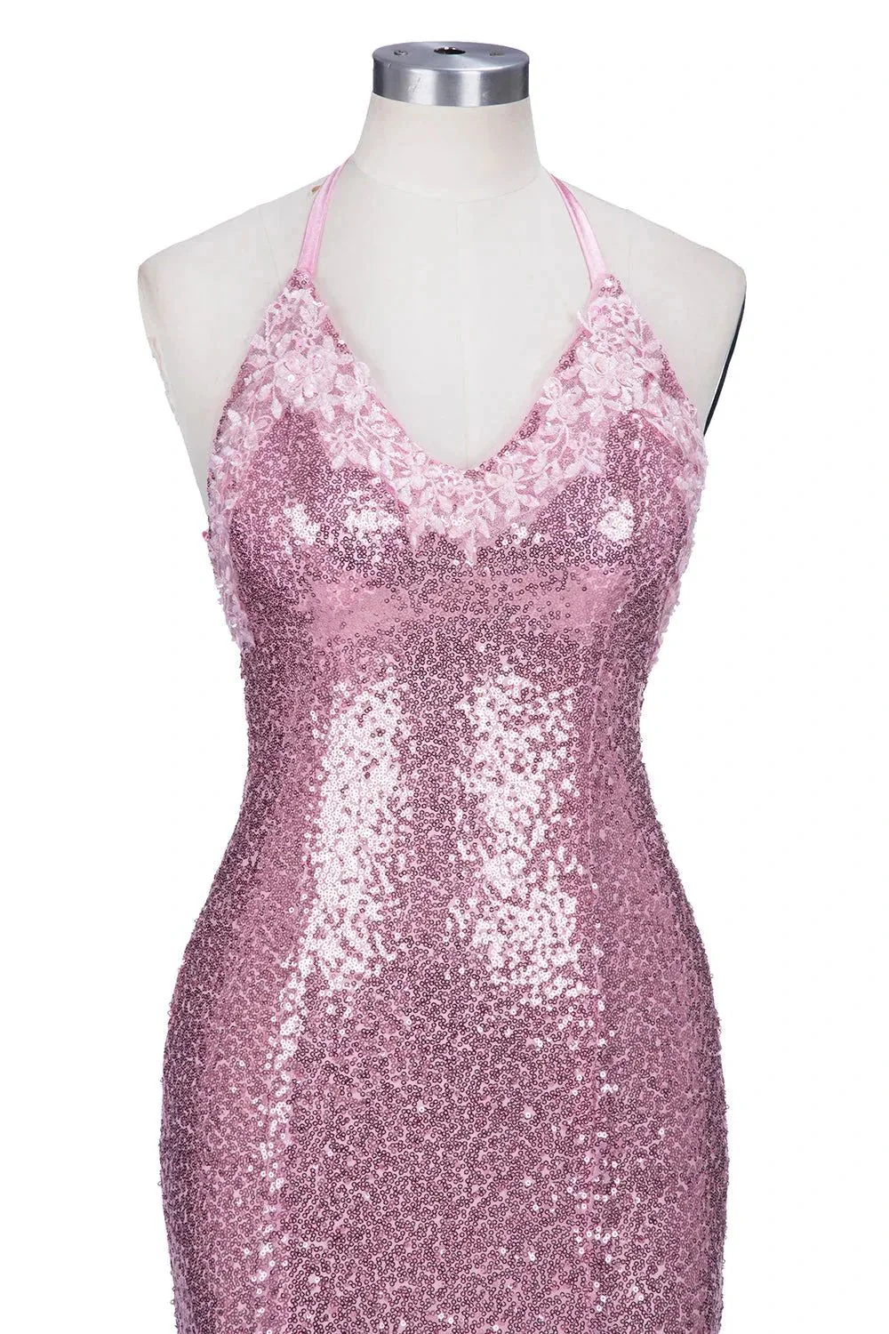 Long Mermaid V-neck Spaghetti Straps Pink Sequined Backless Prom Dress - Image 7
