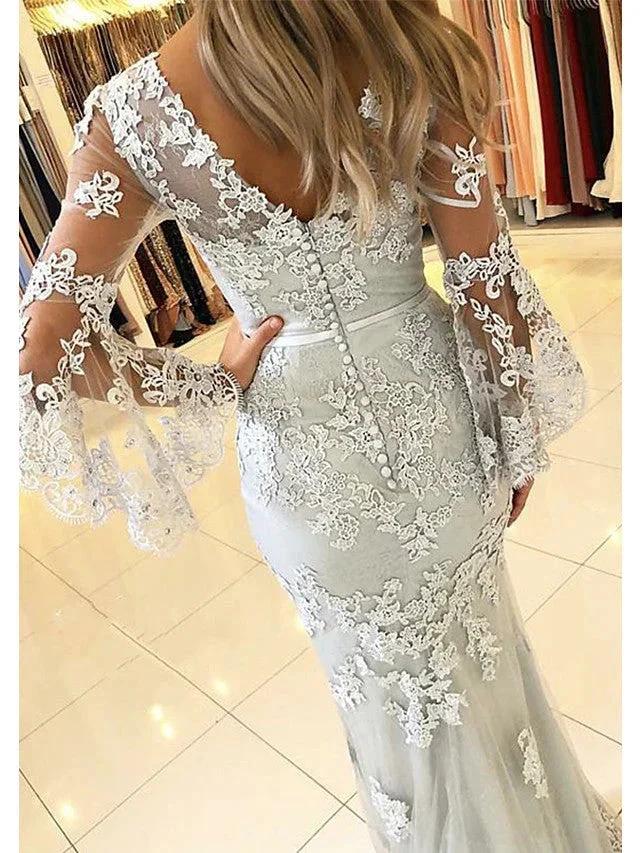 Long Mermaid V Neck Sweep Brush Train Lace Tulle Prom Dress with Sleeves - Image 2