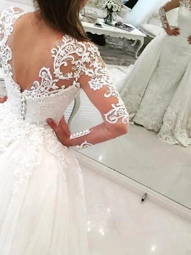 Long Mermaid V Neck Sweep Brush Train Lace Tulle Wedding Dresses with Sleeves - Image 2