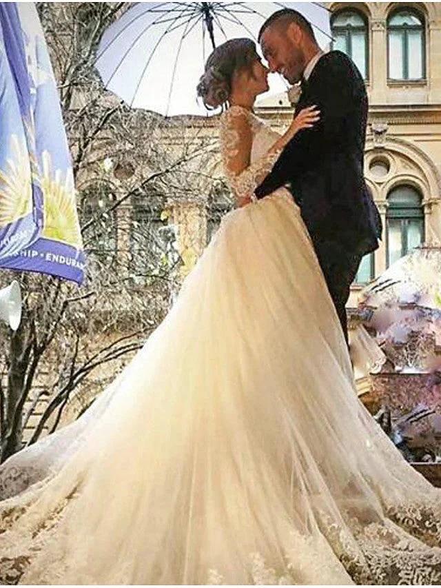 Long Mermaid V Neck Sweep Brush Train Lace Tulle Wedding Dresses with Sleeves - Image 3