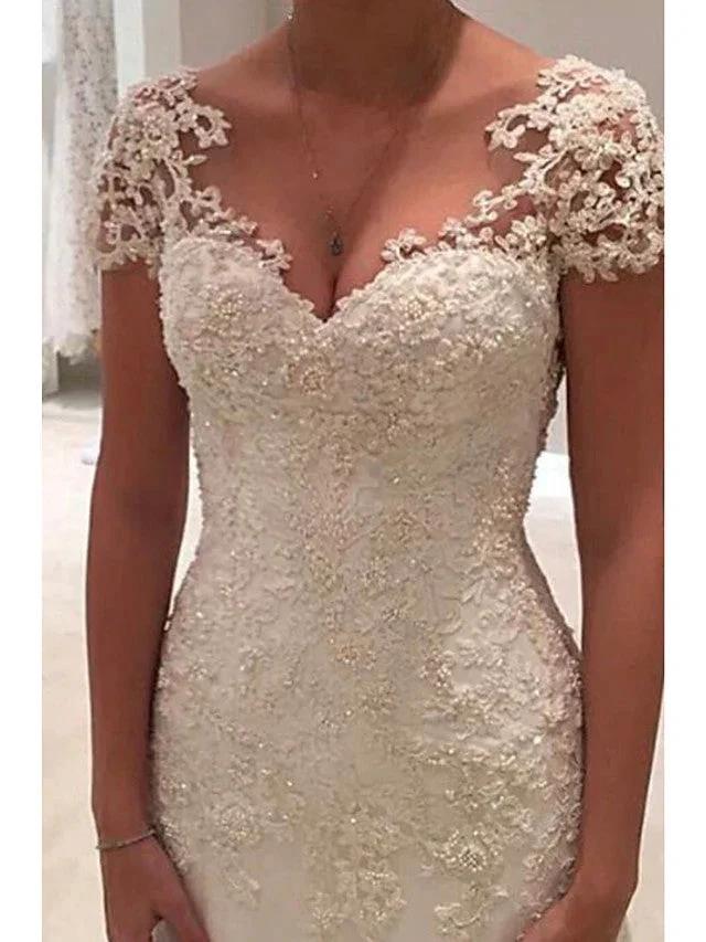 Long Mermaid V Neck Tulle Lace Backless Wedding Dresses with Cap Sleeves - Image 2