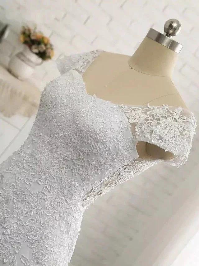 Long Mermaid V Neck Tulle Lace Backless Wedding Dresses with Cap Sleeves - Image 3