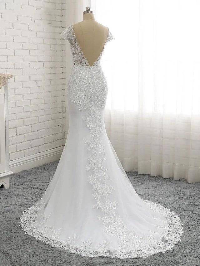 Long Mermaid V Neck Tulle Lace Backless Wedding Dresses with Cap Sleeves - Image 4