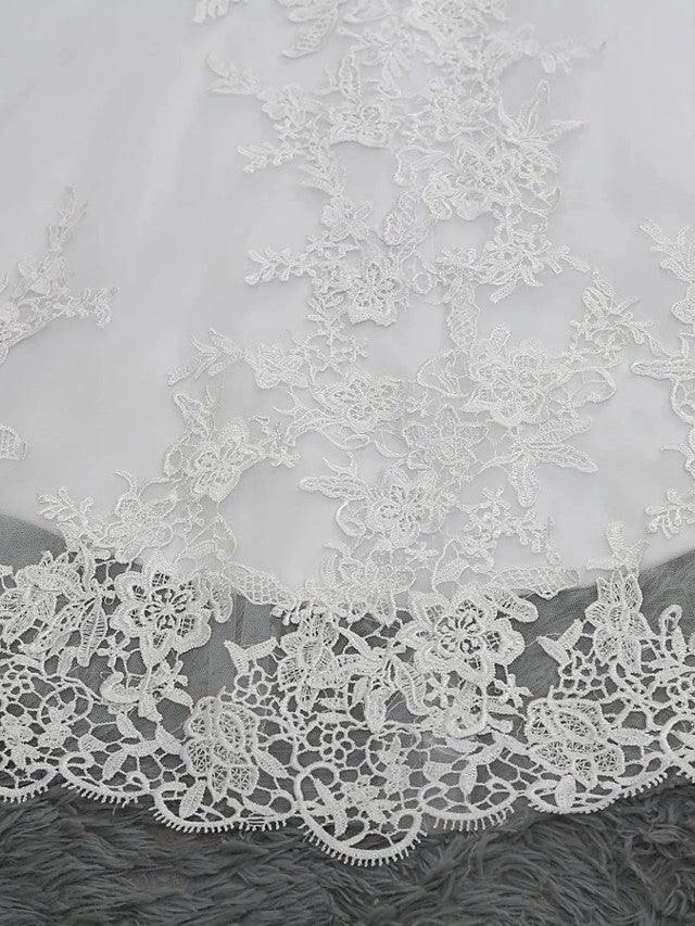 Long Mermaid V Neck Tulle Lace Backless Wedding Dresses with Cap Sleeves - Image 5