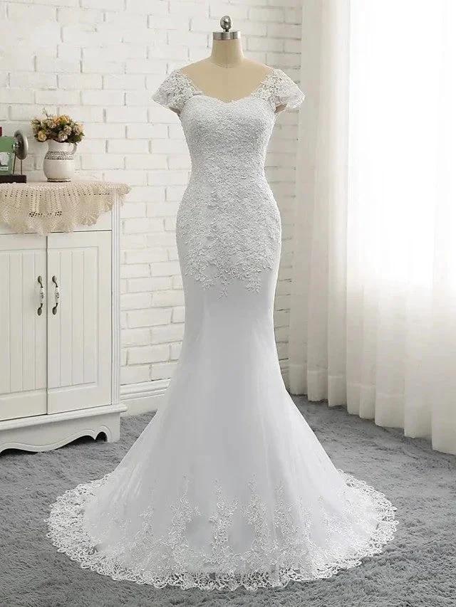 Long Mermaid V Neck Tulle Lace Backless Wedding Dresses with Cap Sleeves - Image 6