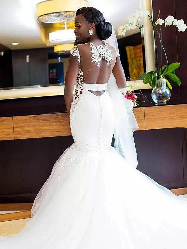 Long Mermaid V Neck Tulle Lace Chapel Train Backless Wedding Dresses - Image 2