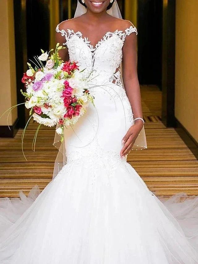 Long Mermaid V Neck Tulle Lace Chapel Train Backless Wedding Dresses - Image 3