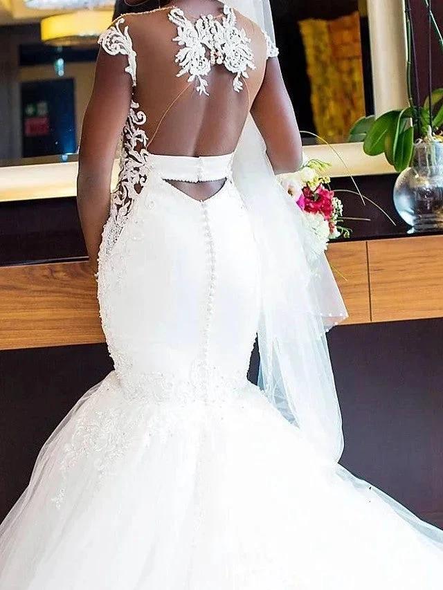 Long Mermaid V Neck Tulle Lace Chapel Train Backless Wedding Dresses - Image 4