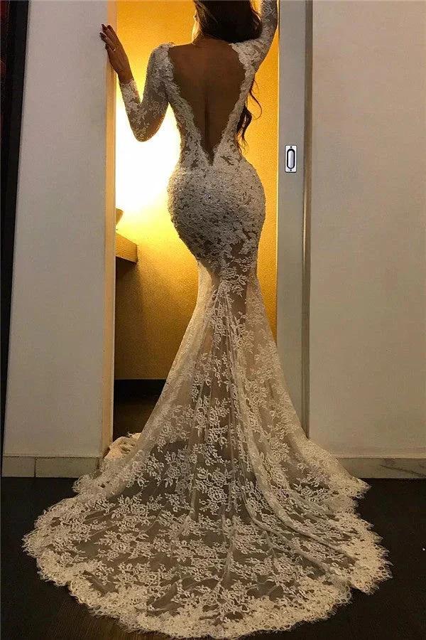 Long Mermaid V-neck Tulle Lace White Prom Dress with Slit - Image 2