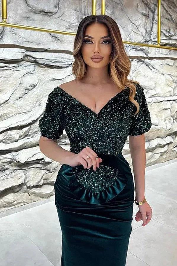 Long Mermaid V-neck Velvet Glitter Prom Dress with Sleeves - Image 5