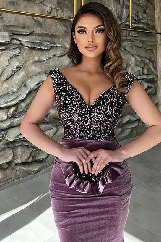 Long Mermaid V-neck Velvet Prom Dress with Glitter - Image 2