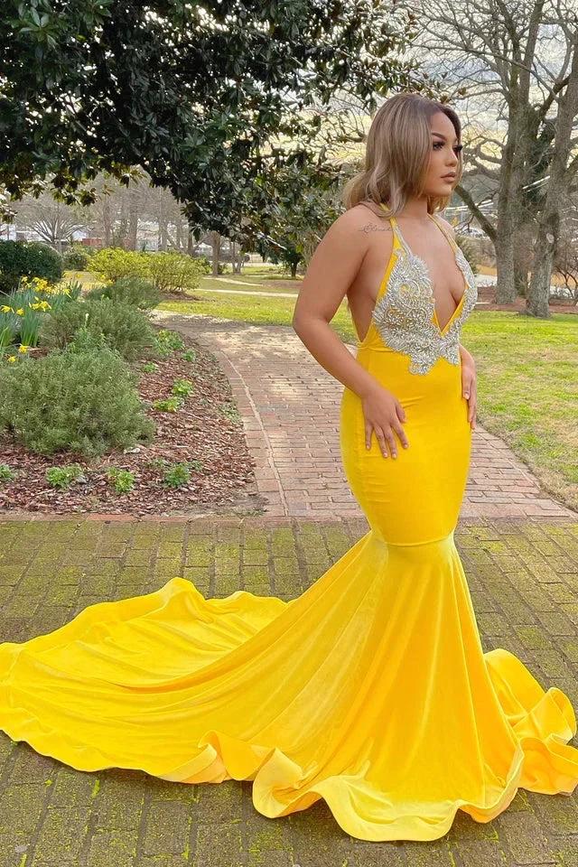 Long Mermaid V-neck Yellow Prom Dress With Applique - Image 2