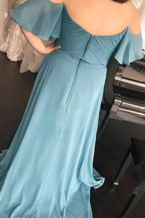 Long Off-the-Should Ruched Blue Chiffon Bridesmaid Dress BD118 - Image 2