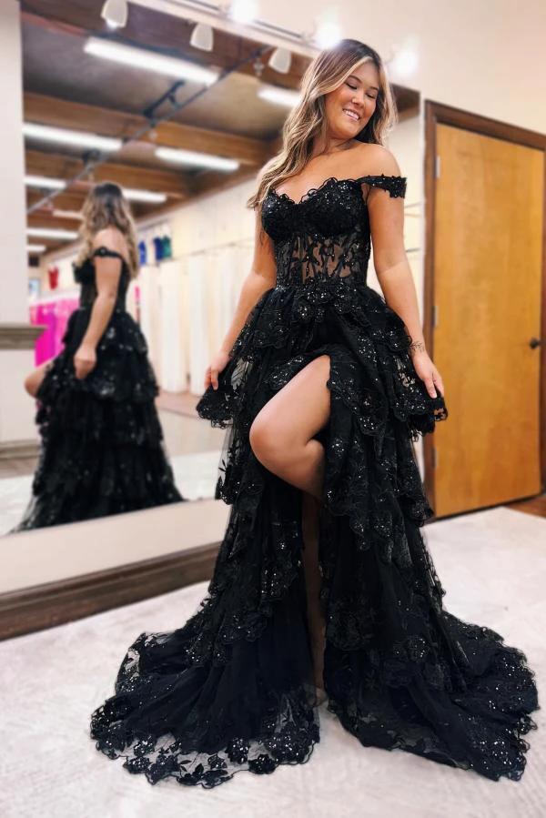 Long Off-the-Shoulder Black Lace A-line Evening Prom Dress with Side Split - Image 2