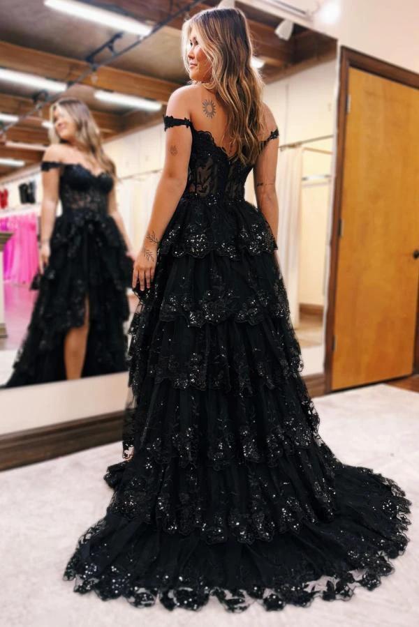 Long Off-the-Shoulder Black Lace A-line Evening Prom Dress with Side Split - Image 3