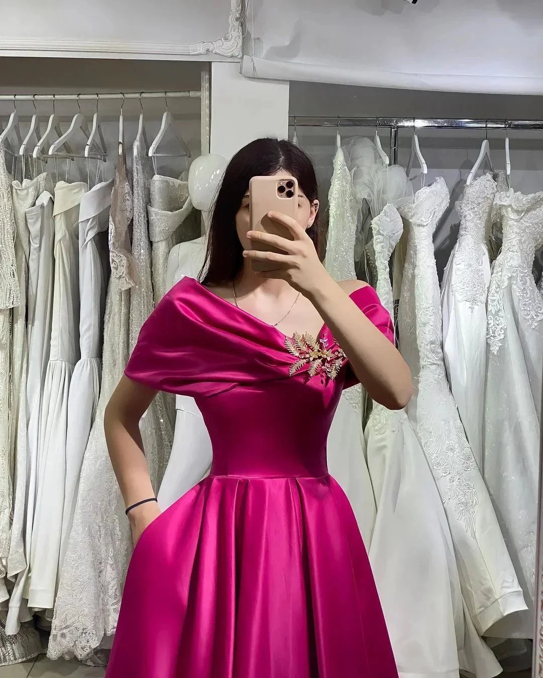 Long Off-the-shoulder Satin A-line Prom Dress with Pockets - Image 2