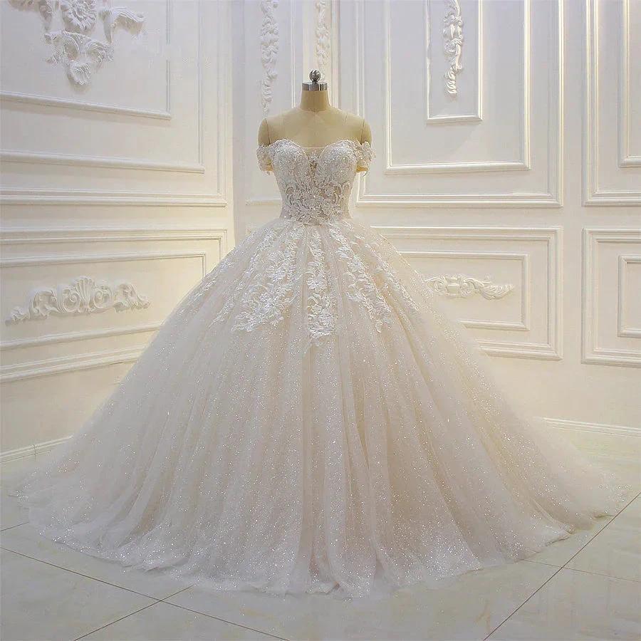 Long Off the Shoulder Sweetheart Ball Gown Sequin Appliques Lace Wedding Dress - Image 2