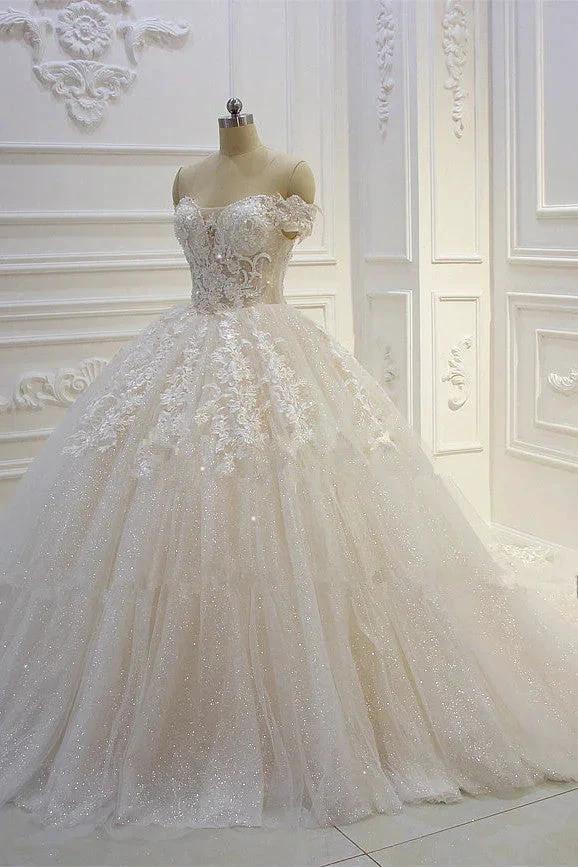 Long Off the Shoulder Sweetheart Ball Gown Sequin Appliques Lace Wedding Dress - Image 3