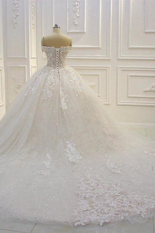 Long Off the Shoulder Sweetheart Ball Gown Sequin Appliques Lace Wedding Dress - Image 4