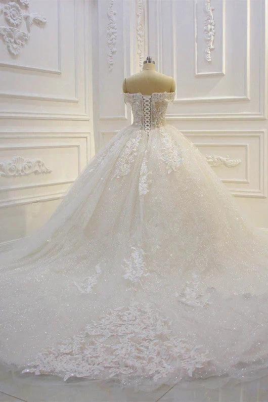 Long Off the Shoulder Sweetheart Ball Gown Sequin Appliques Lace Wedding Dress - Image 5