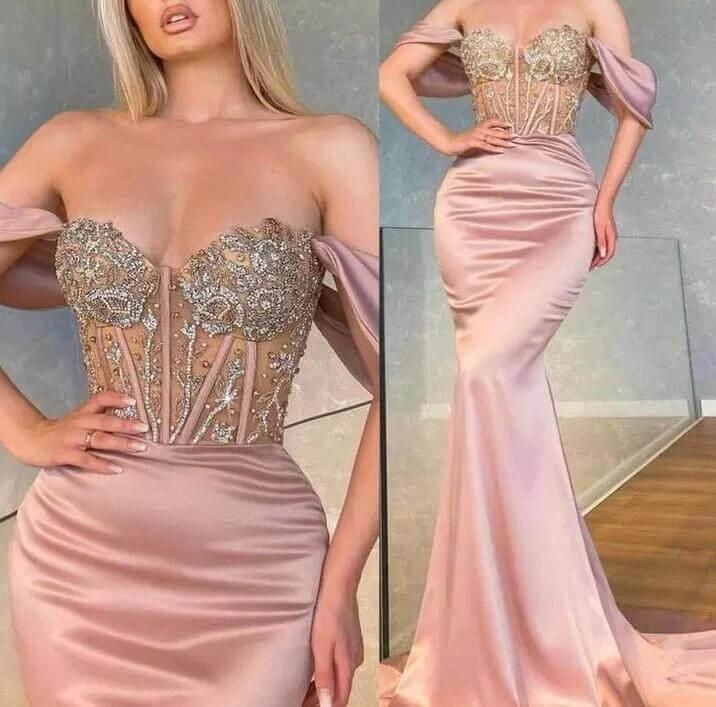 Long Off the Shoulder Sweetheart Mermaid Satin Prom Dress With Beads - Image 2