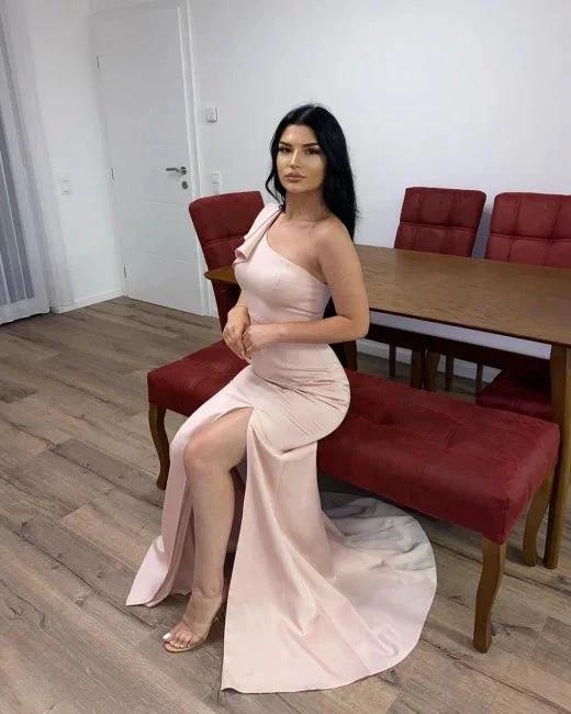 Long Pink Simple One Shoulder Split Mermaid Prom Dress - Image 3