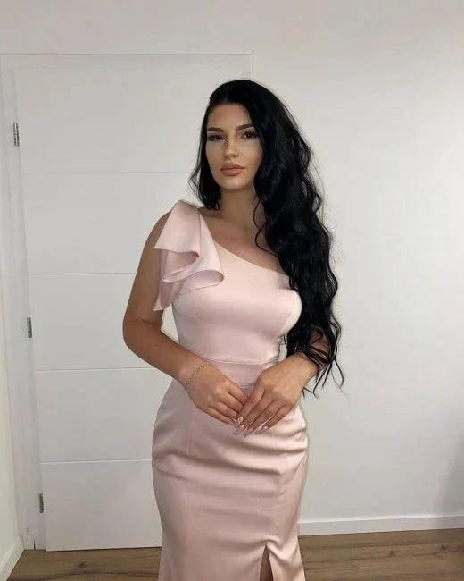 Long Pink Simple One Shoulder Split Mermaid Prom Dress - Image 4