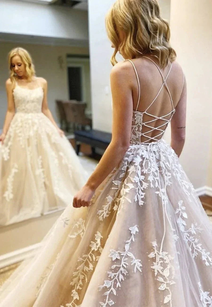 Long Princess A-line Scoop Neck Tulle Lace Backless Formal Prom Dresses - Image 2