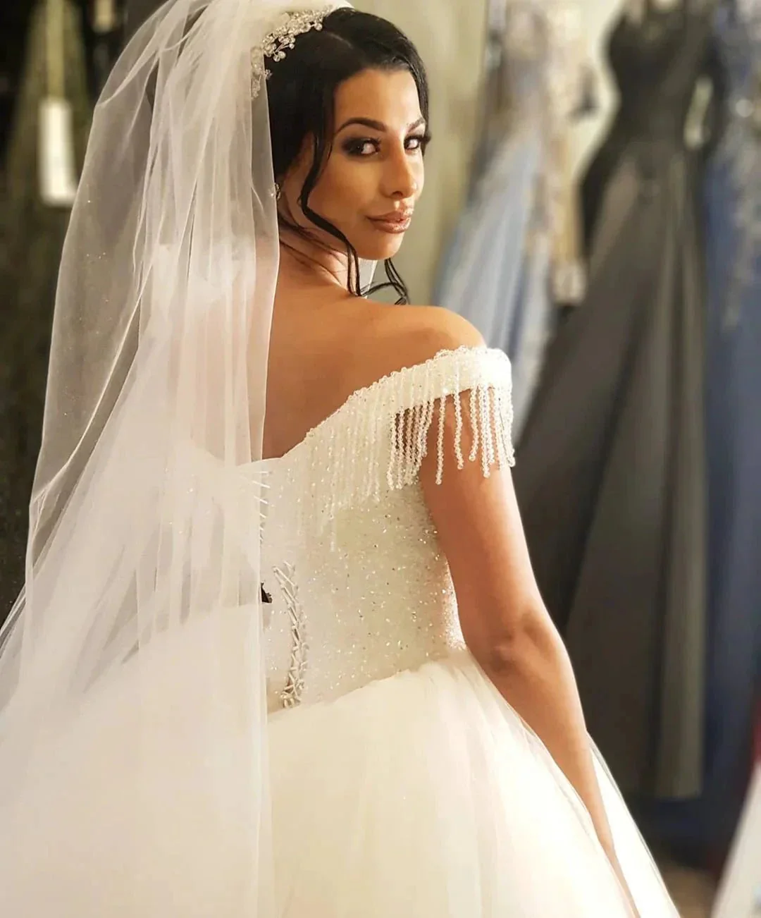 Long Princess Off-the-shoulder Beading Backless Tulle Wedding Dress With Tassel - Image 2