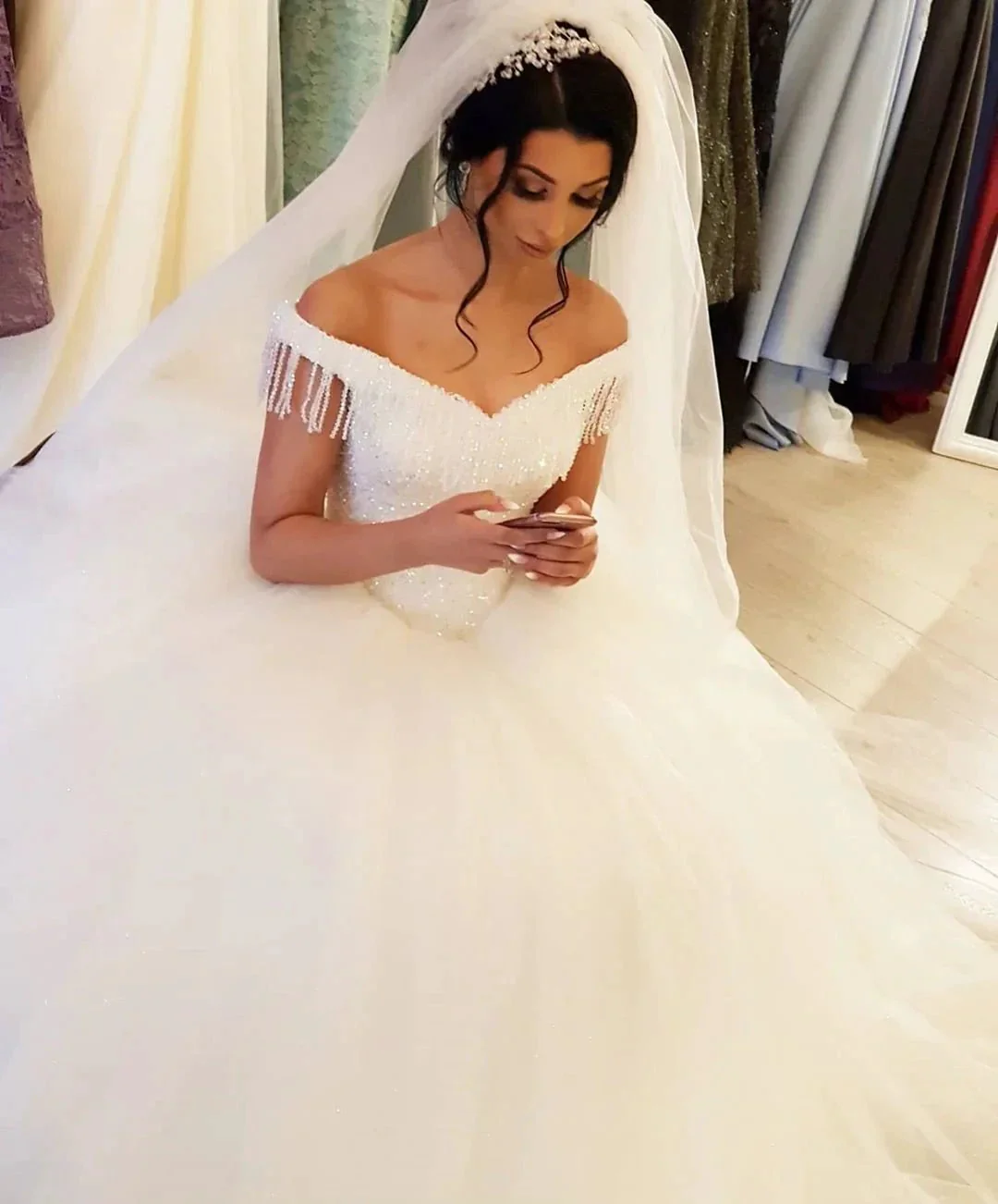 Long Princess Off-the-shoulder Beading Backless Tulle Wedding Dress With Tassel - Image 3