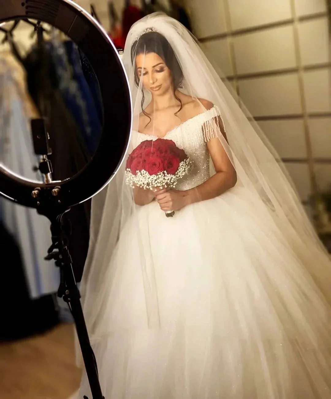 Long Princess Off-the-shoulder Beading Backless Tulle Wedding Dress With Tassel - Image 4