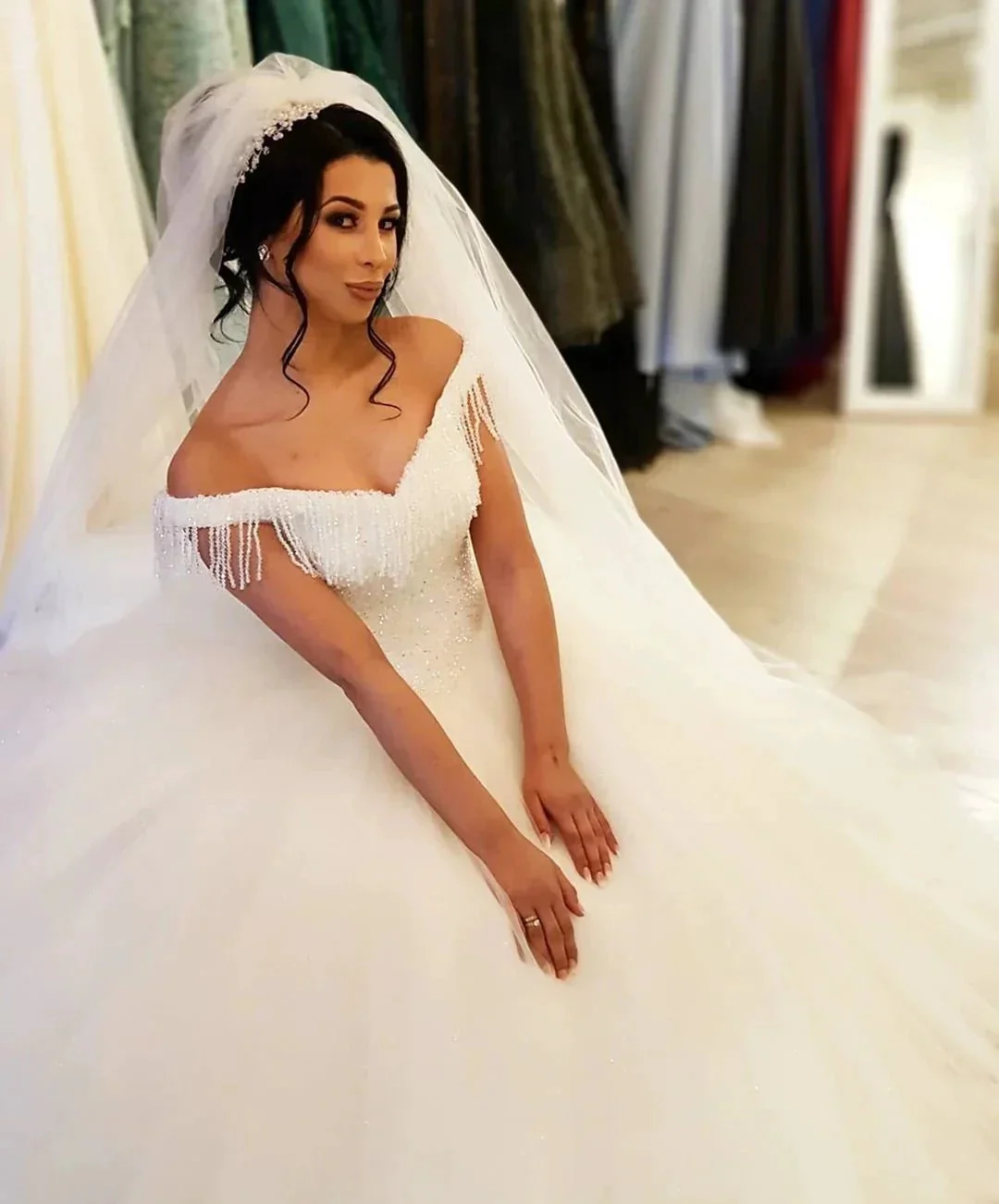 Long Princess Off-the-shoulder Beading Backless Tulle Wedding Dress With Tassel - Image 5