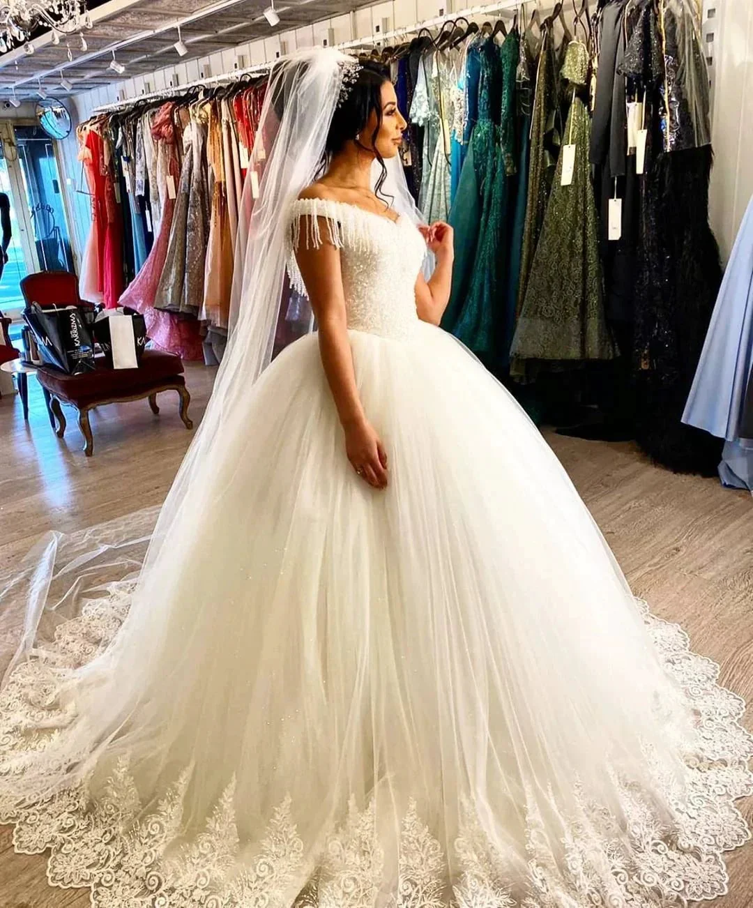 Long Princess Off-the-shoulder Beading Backless Tulle Wedding Dress With Tassel - Image 6