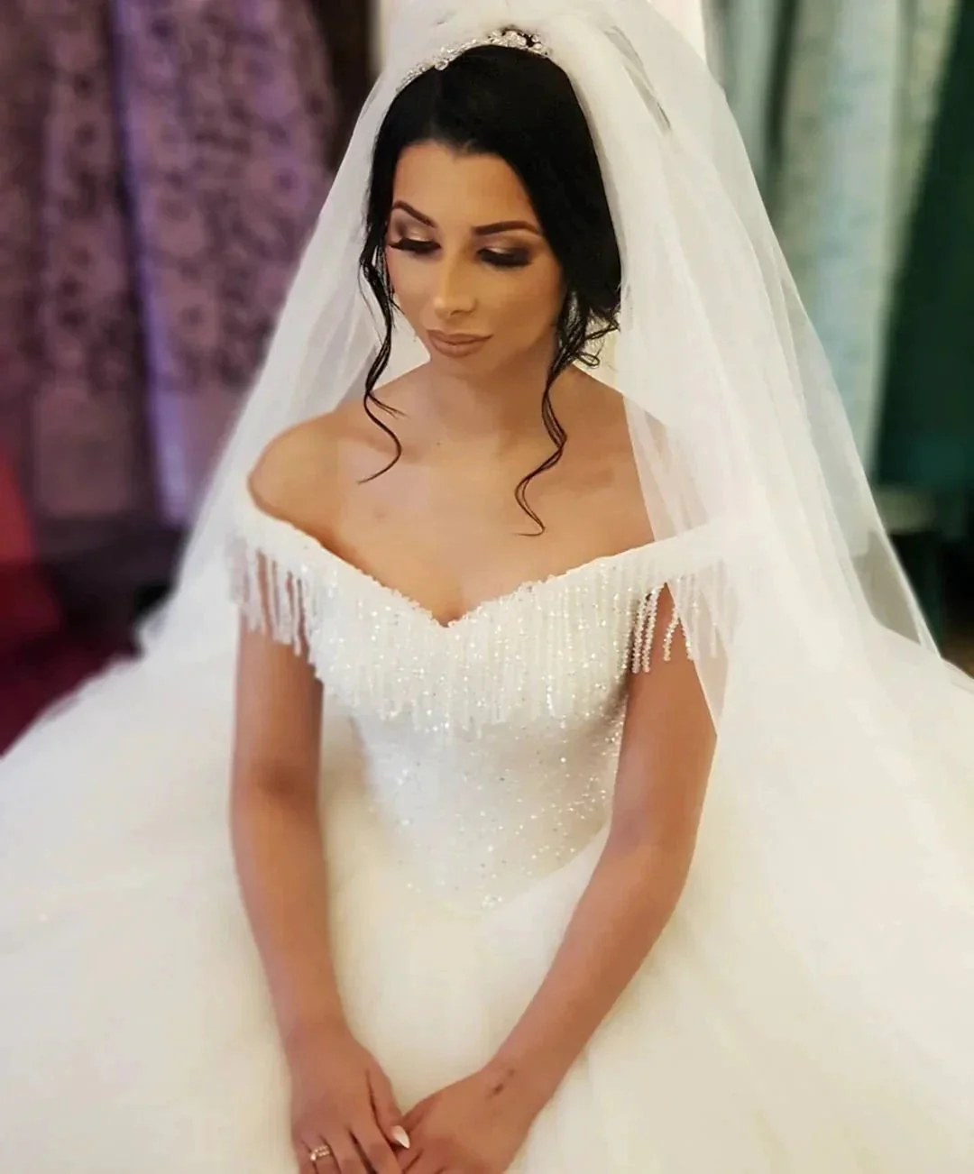 Long Princess Off-the-shoulder Beading Backless Tulle Wedding Dress With Tassel - Image 7