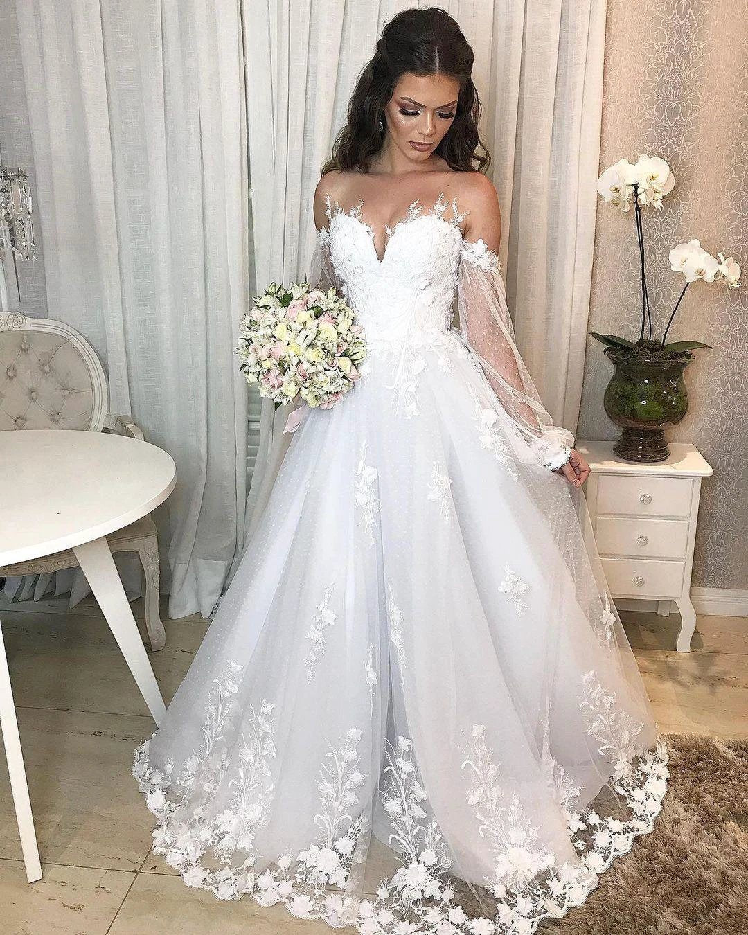 Long Princess Off-the-shoulder Tulle Wedding Dress with Bubble Sleeves - Image 6
