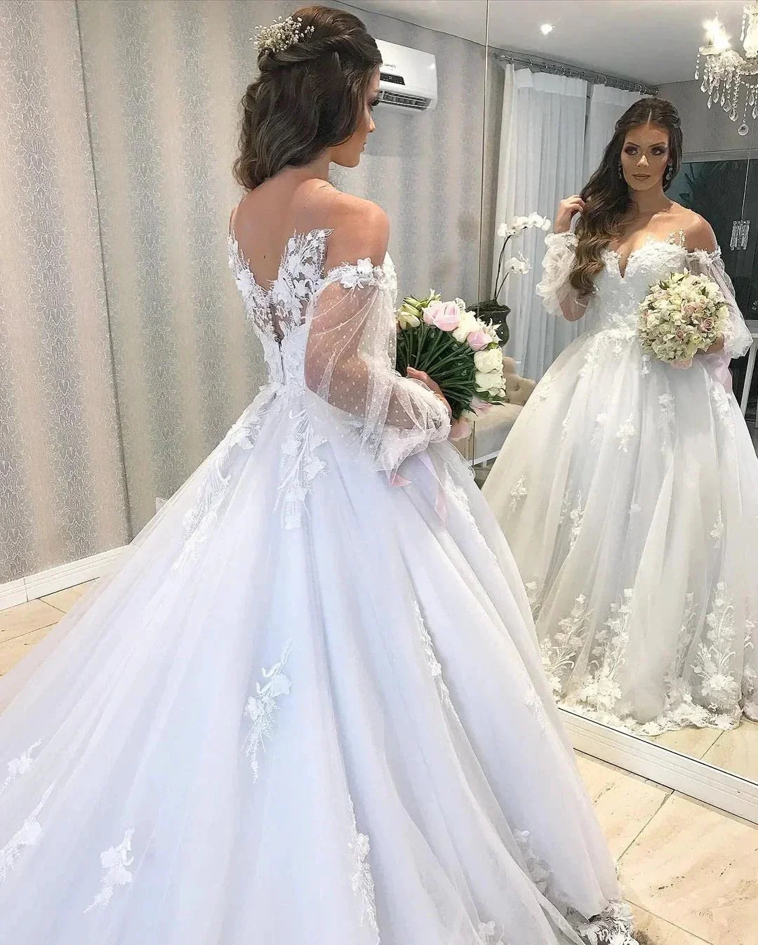Long Princess Off-the-shoulder Tulle Wedding Dress with Bubble Sleeves - Image 7