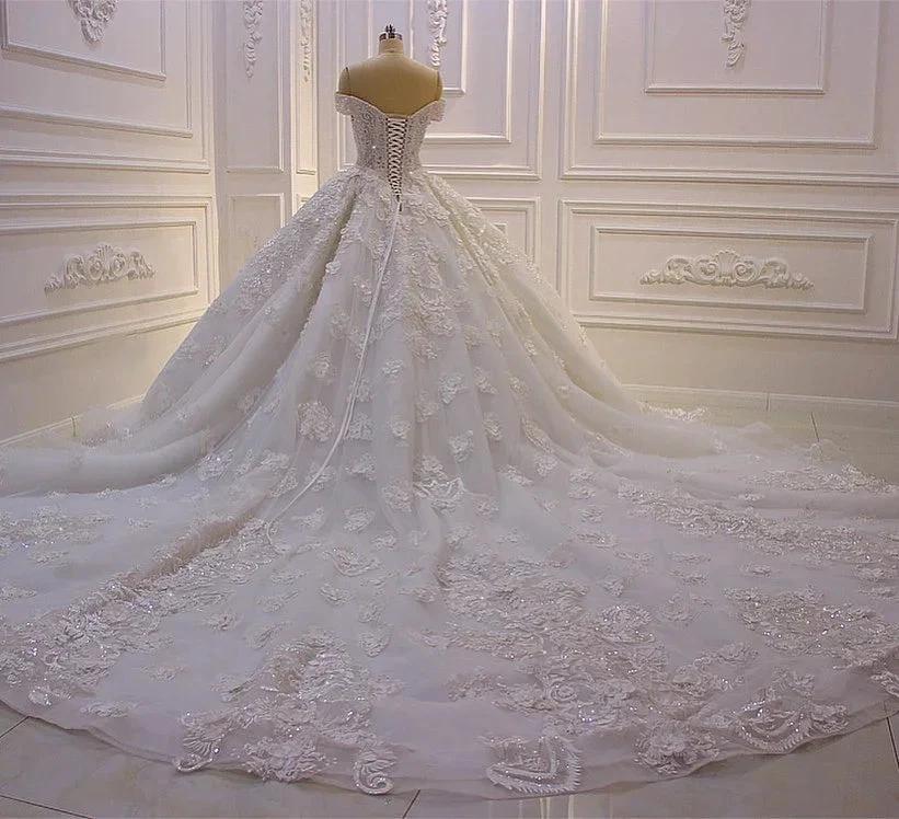 Long Princess Sweetheart Off-the-Shoulder Backless Appliques Lace Ruffles Tulle Wedding Dress - Image 2