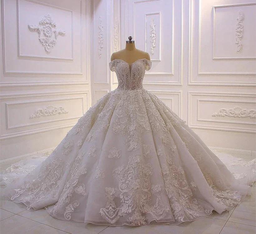 Long Princess Sweetheart Off-the-Shoulder Backless Appliques Lace Ruffles Tulle Wedding Dress - Image 3