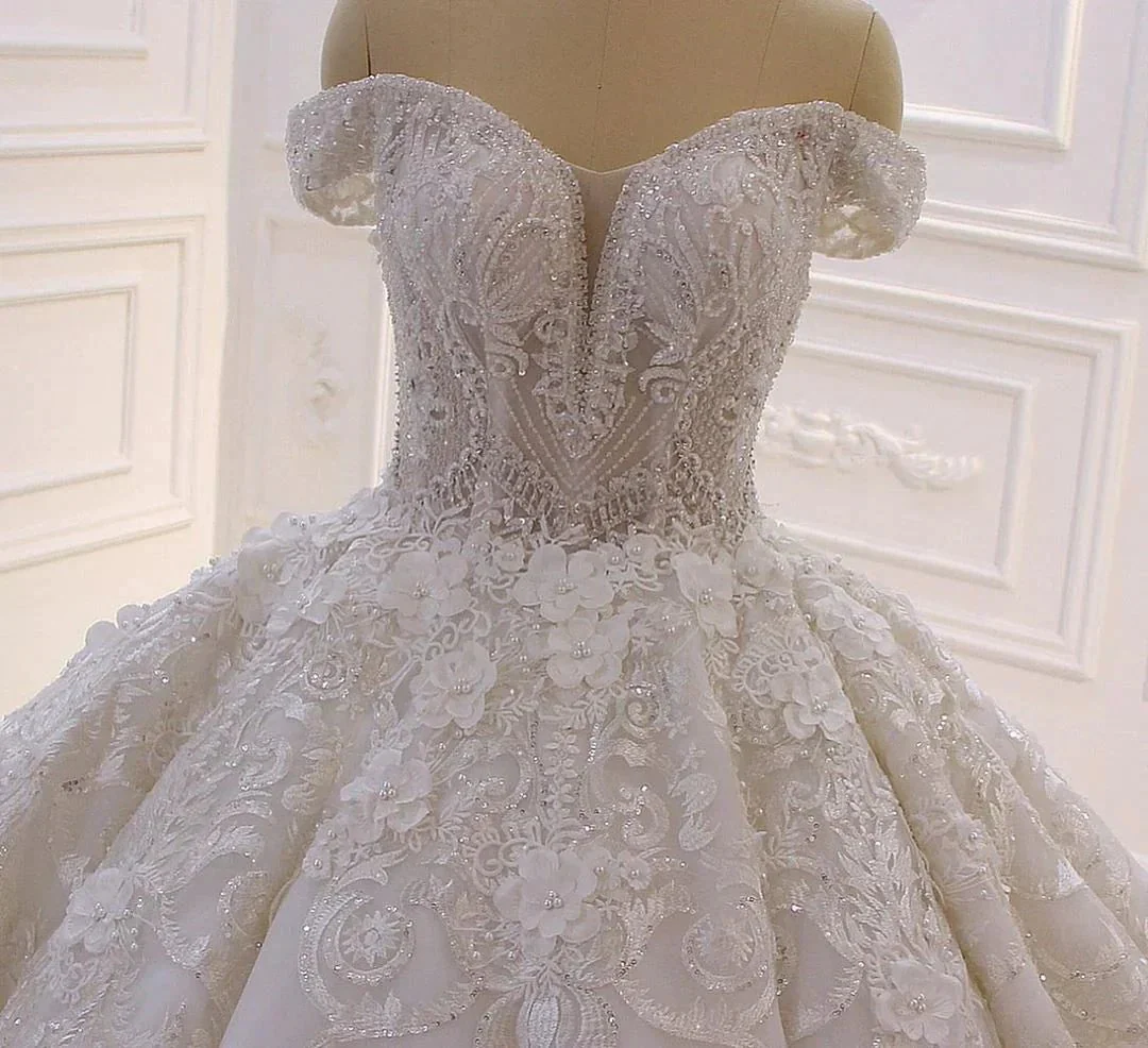 Long Princess Sweetheart Off-the-Shoulder Backless Appliques Lace Ruffles Tulle Wedding Dress - Image 4