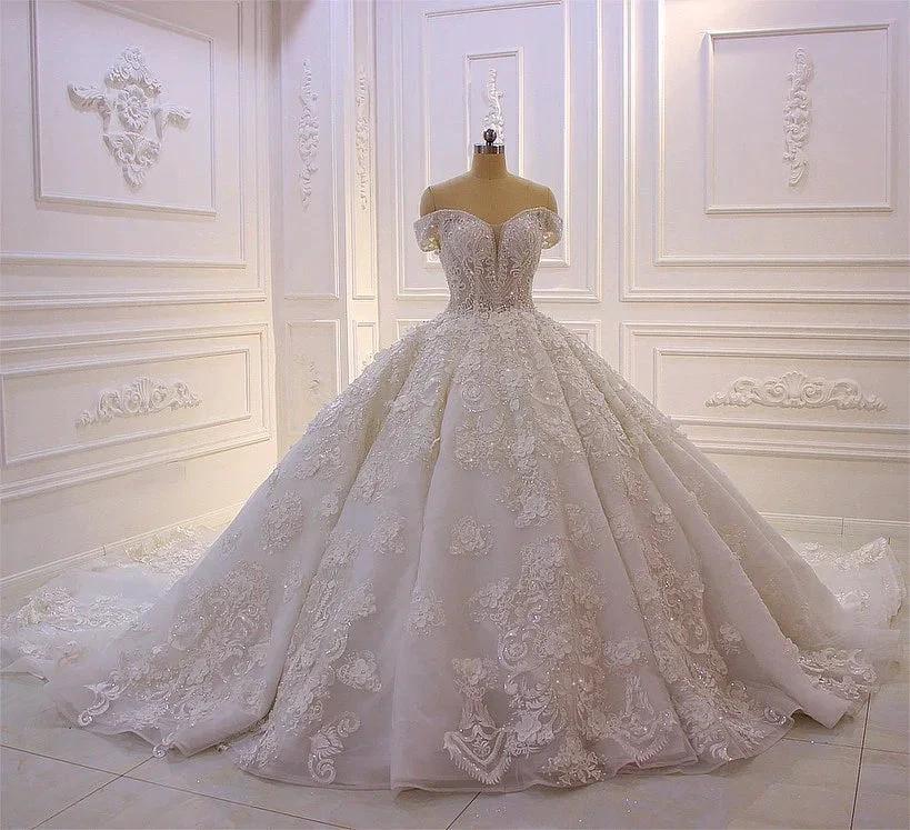 Long Princess Sweetheart Off-the-Shoulder Backless Appliques Lace Ruffles Tulle Wedding Dress - Image 5
