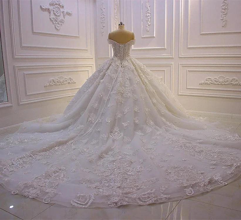 Long Princess Sweetheart Off-the-Shoulder Backless Appliques Lace Ruffles Tulle Wedding Dress - Image 6