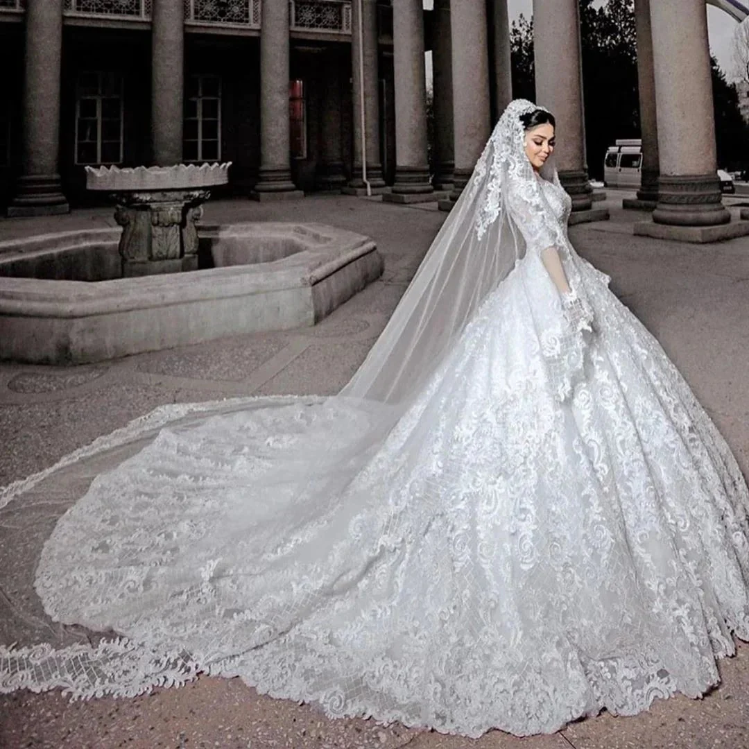 Long Princess Tulle Beads Appliques Lace Wedding Dress with Sleeves - Image 2
