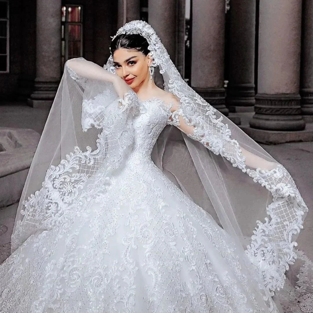 Long Princess Tulle Beads Appliques Lace Wedding Dress with Sleeves - Image 3