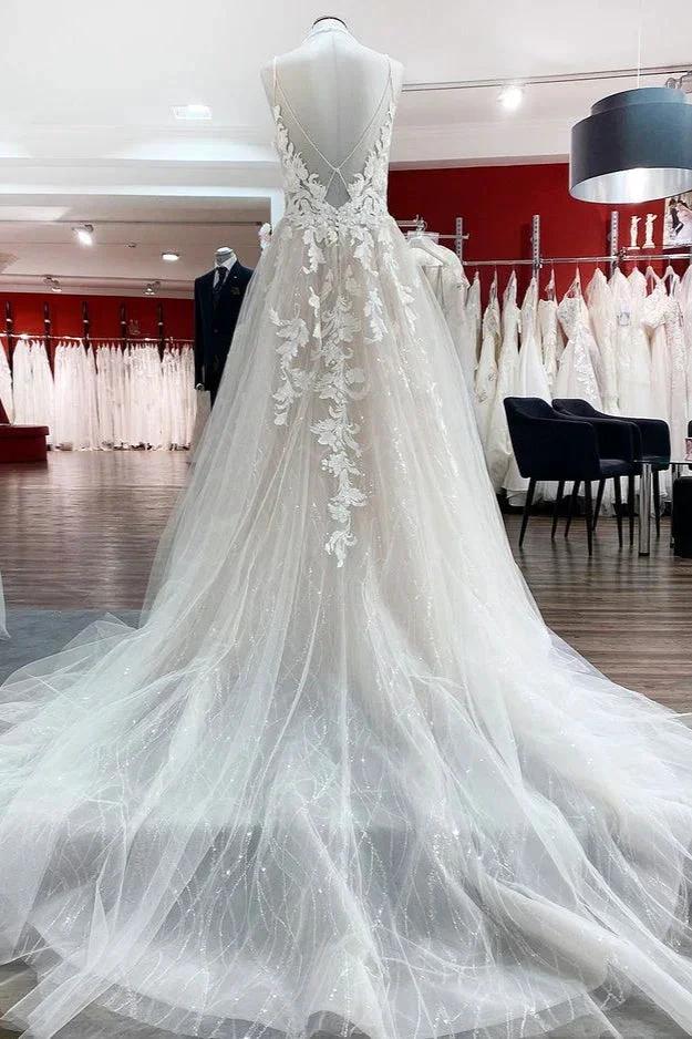 Long Princess Tulle V Neck Sequins Lace Appliques Wedding Dress - Image 2