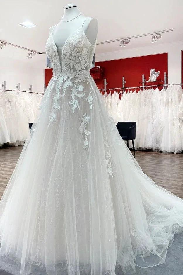Long Princess Tulle V Neck Sequins Lace Appliques Wedding Dress - Image 3
