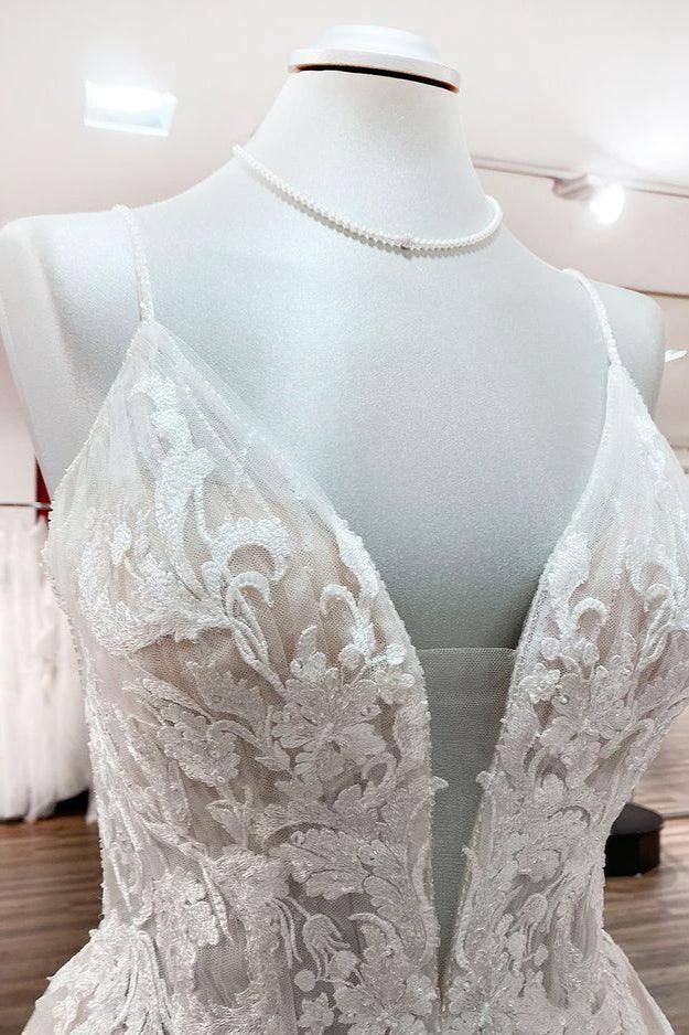 Long Princess Tulle V Neck Sequins Lace Appliques Wedding Dress - Image 4