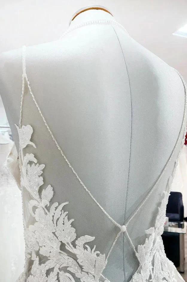 Long Princess Tulle V Neck Sequins Lace Appliques Wedding Dress - Image 5