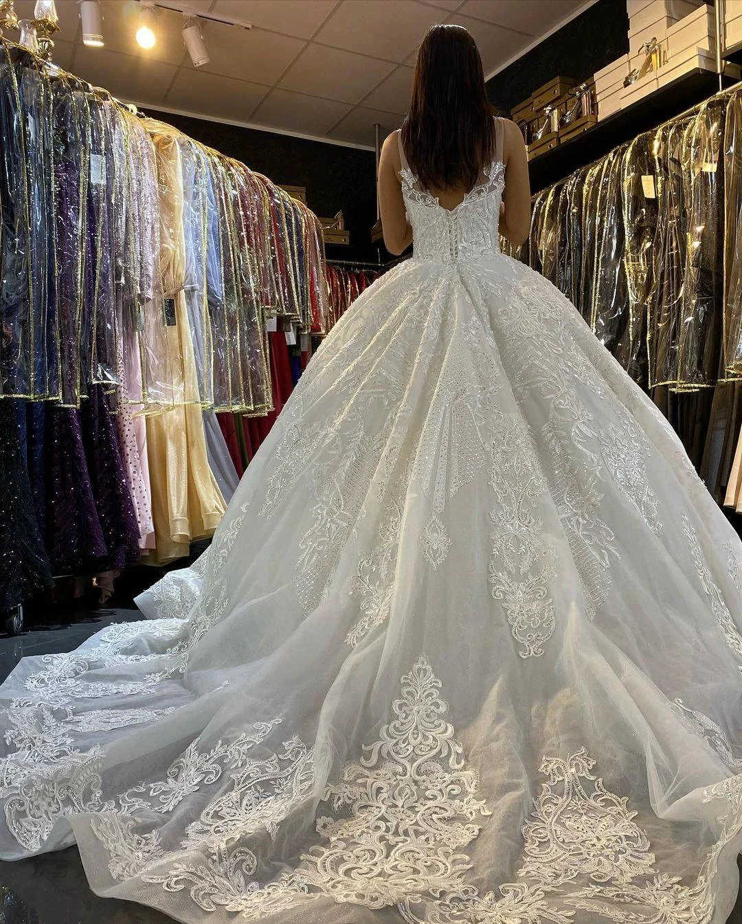 Long Princess V-neck Appliques Lace Backless Wedding Dress - Image 3