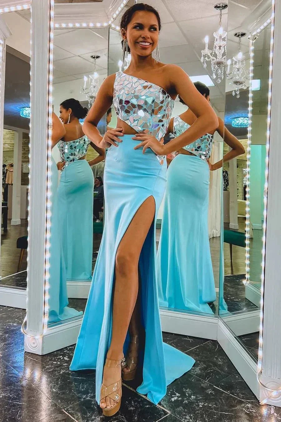 Ashley |Sheath One Shoulder Cut Mirror Sequins Prom Dress - Image 5